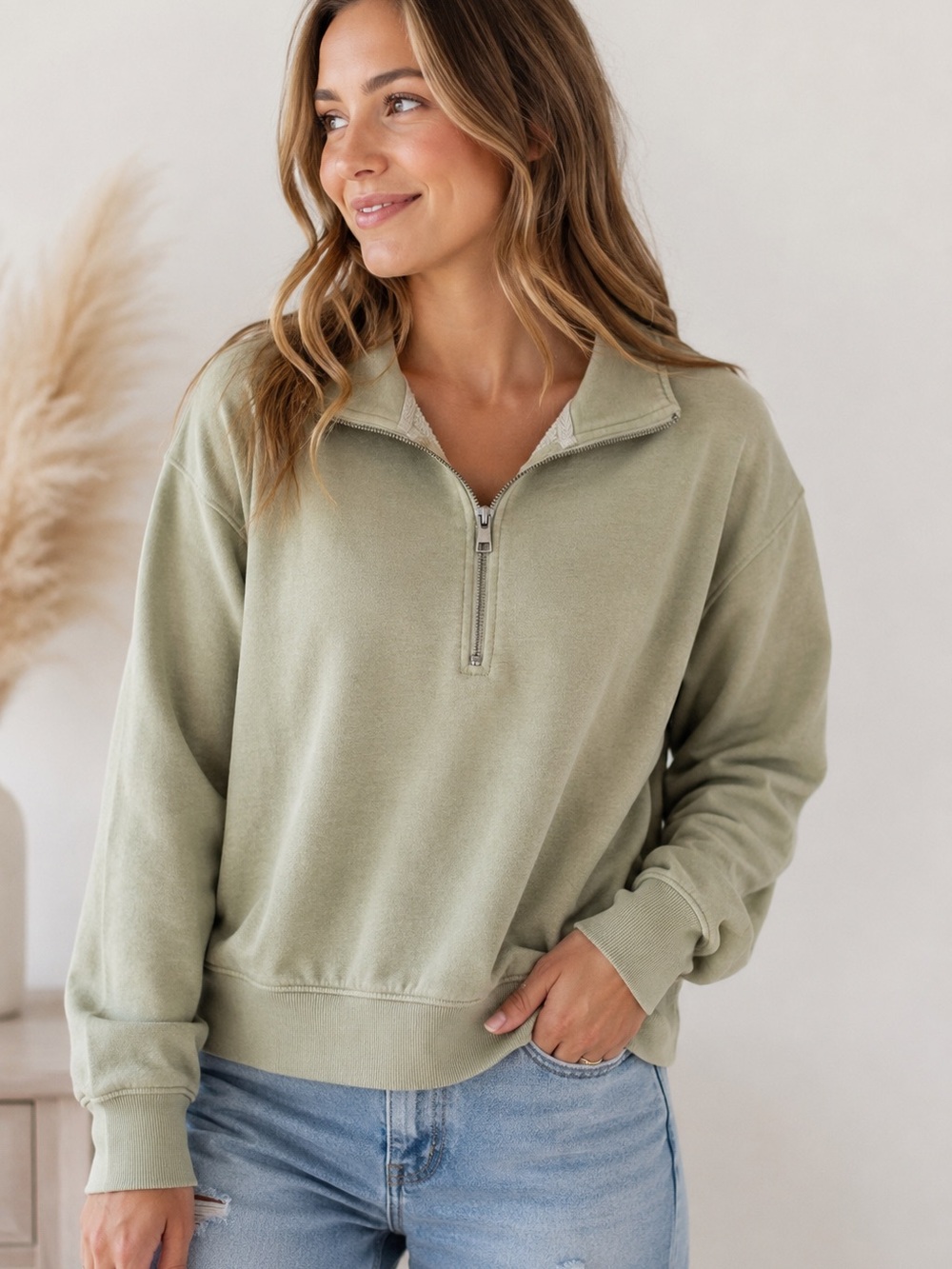 Universal Thread Half-Zip Pullover Sweatshirt - Sage‎ Green